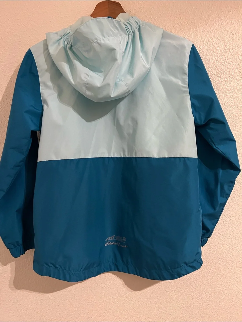 Eddie Bauer Kids Two-Tone Light Teal and Dark Teal Hooded Rain Jacket